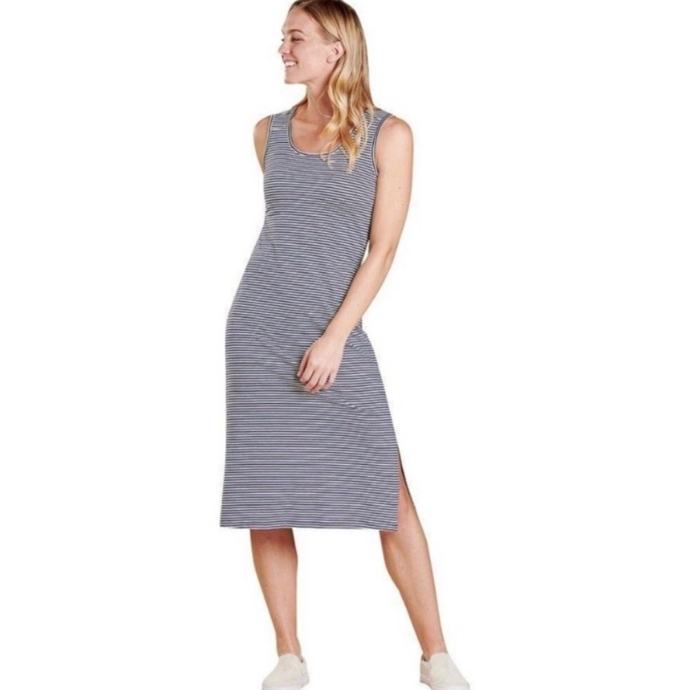 Toad & Co Blue Samba Paseo Striped Midi Dress Activewear Organic Cotton Blend M